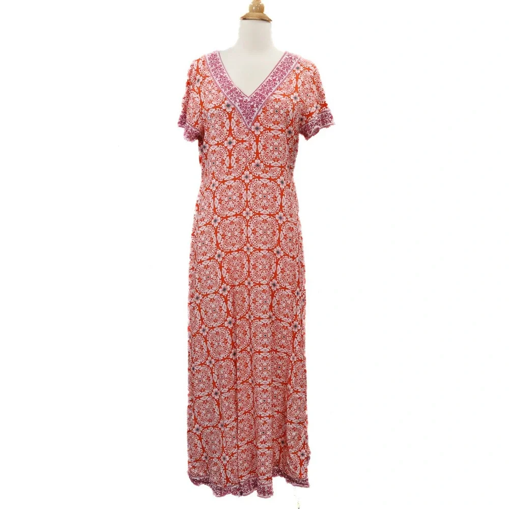 Sundance Maxi Dress Womens Good Boho Floral V-Neck Smocked Large Red China